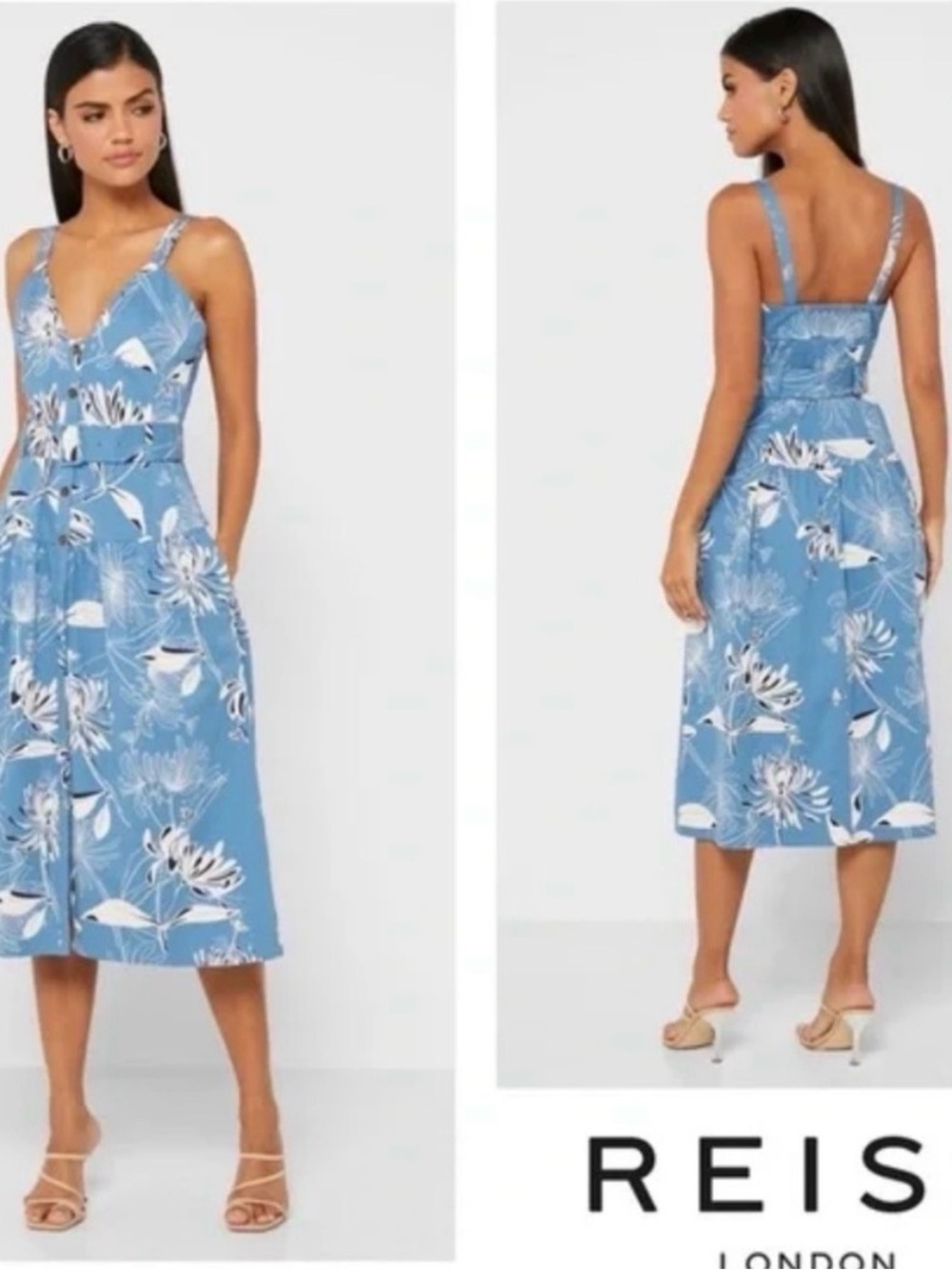 Reiss Blue Floral V-Neck Strappy Midi Dress